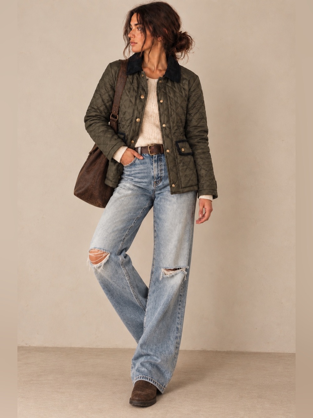 Olive Green Quilted Utility Jacket Corduroy Collar